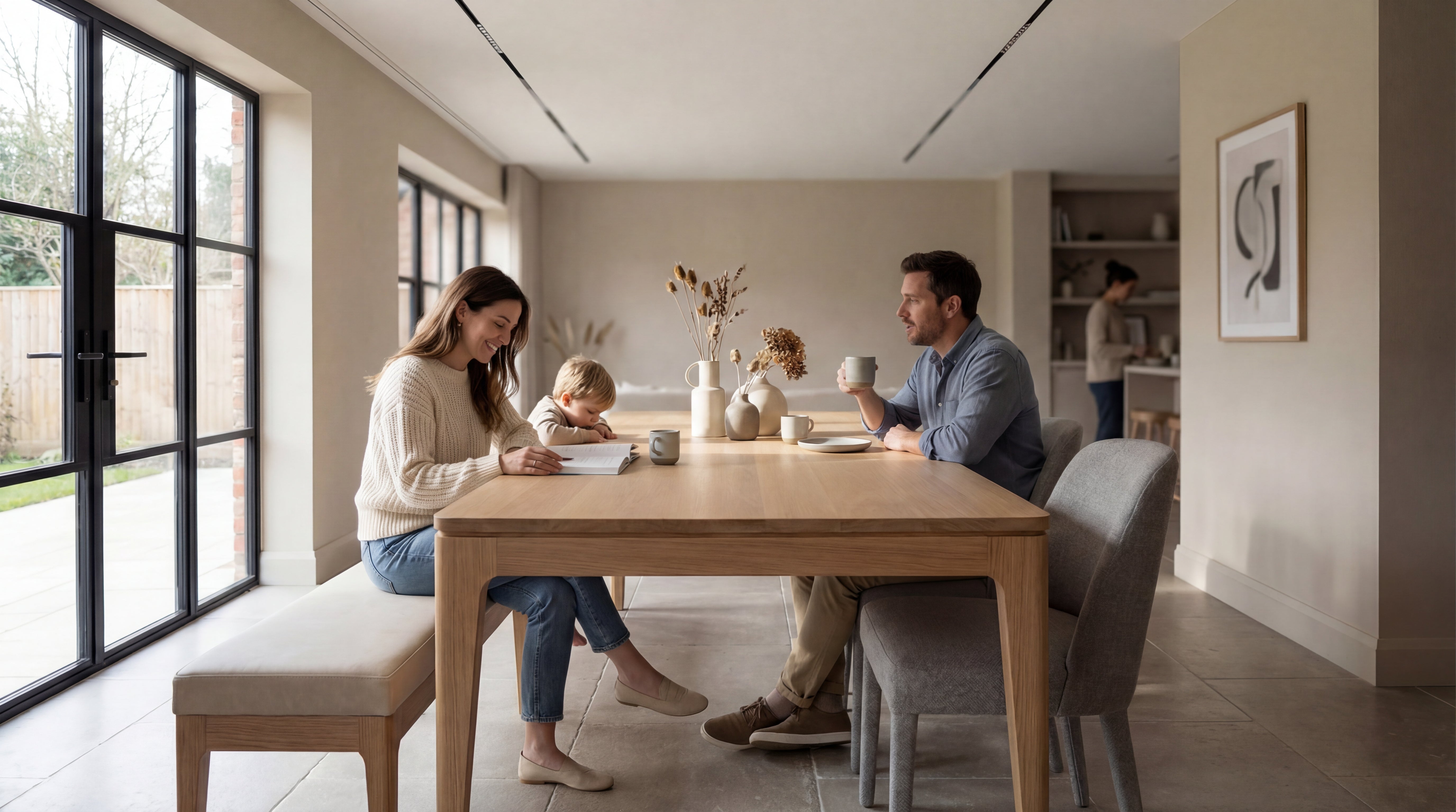 Family of four sitting around a wooden dining table in a modern living room.